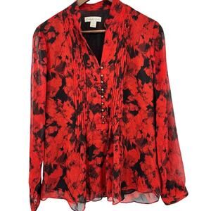 Coldwater Creek Red and Black Floral Pintucked Long Sleeve Blouse Size Medium